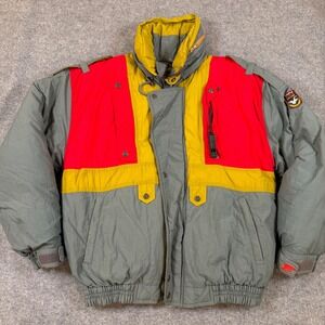 Vintage Triple FAT Goose Down Puffer Jacket Colorblock Grey Red Yellow Mens S